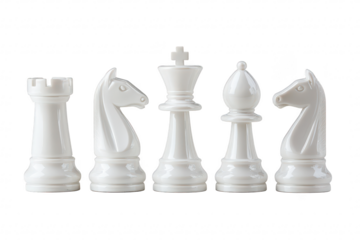 A close-up view of elegant white chess pieces arranged in a line. their intricate designs against a clean white background. ideal for illustrating strategy and competition themes