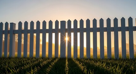 Golden light filtering through a classic white picket fence landscape