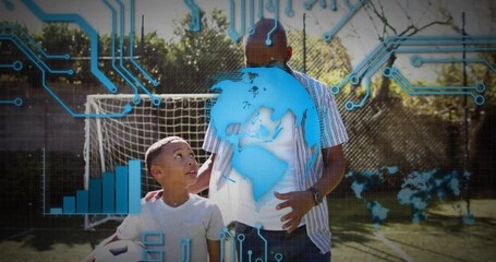 Mature adult placing hand on child's shoulder, guiding soccer while digital globe rotating overhead - Powered by Adobe