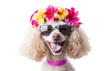 A cheerful poodle wearing stylish sunglasses and a flower crown. posing against a clean white background. exuding a playful summer vibe. perfect for pet-related marketing or social media content