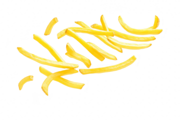 A dynamic and artistic arrangement of golden. crispy French fries floating against a clean white background. their texture and color. ideal for food-related marketing and culinary use