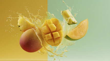 Vibrant Tropical Fruits with Refreshing Juice Splashing in Motion