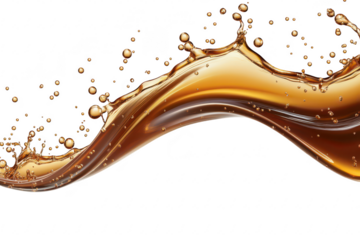 A dynamic splash of rich brown liquid gracefully arcs across a white background. capturing the essence of movement and fluidity. ideal for beverage promotions or creative design projects