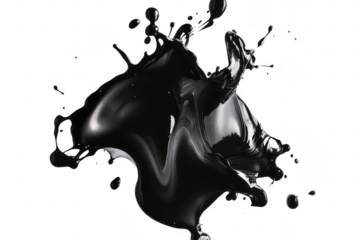 An abstract splash of black paint creating dynamic shapes and forms against a white background. ideal for artistic or creative projects