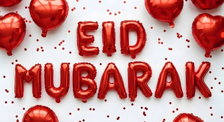 Eid mubarak celebration with red balloons and confetti on white background