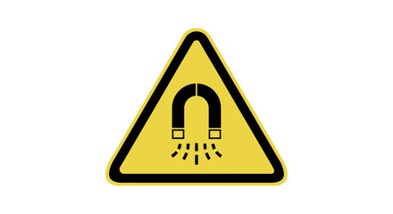 Prominent yellow triangular warning sign featuring a black horseshoe magnet with radiating lines, clearly indicating a strong magnetic field hazard and the importance of safety