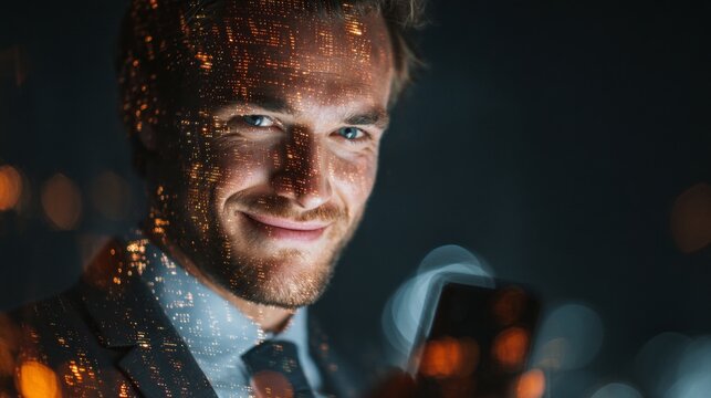Business in focus: the engaging presence of a tech-savvy executive. Market analysis. Confident businessman in navy suit: elegance and assurance. Market forecast. Sales data.