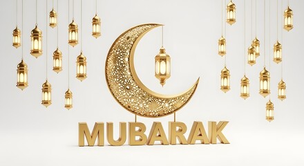 Golden mubarak text with crescent moon and lanterns for islamic holiday