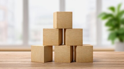 Workplace Culture and Mental Health Concepts. A stack of wooden blocks is arranged on a wooden surface, with natural light illuminating the background, creating a calm and minimalist atmosphere.