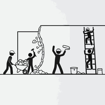 This illustration shows a construction crew working together to build a wall, symbolizing teamwork, construction, and the process of creating something new and strong.