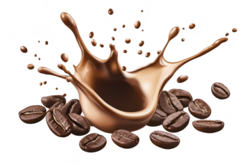 A dynamic splash of rich chocolate surrounding roasted coffee beans. set against a clean white background. symbolizing indulgence and energy. ideal for culinary or beverage promotions