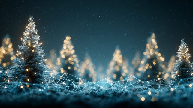 Winter enchantment: shimmering lights and snow on a christmas tree. Ai framework. Enhanced snowy christmas tree with soft light bokeh and snow fall. Digital web. Information flow.