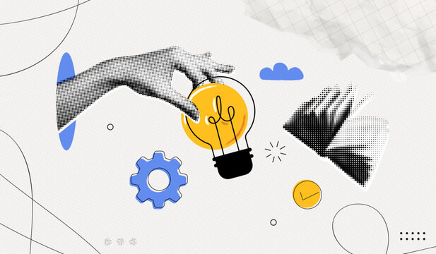 Trendy Halftone Collage Hand holds lightbulb. Creative mind or brainstorm. Study and education. Floating book. Bright mind. Knowledge concept. Contemporary vector illustration art