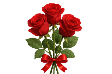 Fototapeta premium Red roses with green leaves forming a bouquet, tied with a red ribbon, symbolizing love, passion, and romance. Transparent background