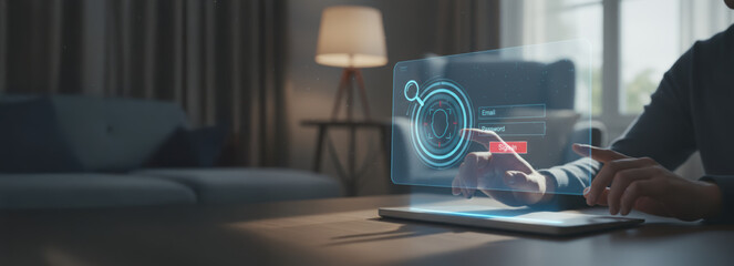 Digital security concept with ai technology protecting login credentials from deepfake crimes in modern home office environment