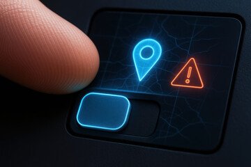 Finger pressing location toggle button with warning sign glowing on digital interface symbolizing deepfake ai crimes risk in navigation system