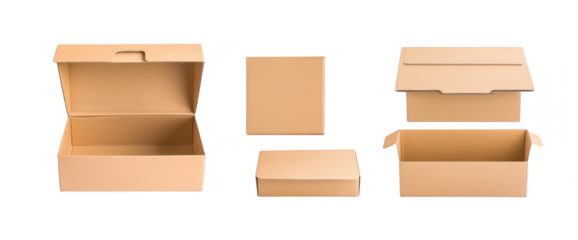 A collection of various cardboard boxes in different sizes and styles. arranged neatly on a white background. versatility for packaging and storage solutions in commercial use