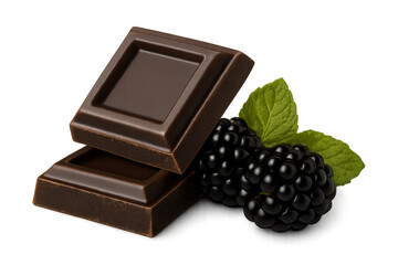 Dark chocolate squares stacking with fresh blackberries and mint leaf on transparent background