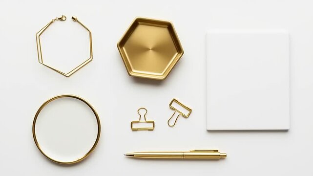 Elegant Gold Stationery and Office Supplies Flat Lay on White Background.