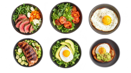 A display of healthy meals featuring grilled steak. fresh salads. and sunny-side-up eggs arranged in sleek black bowls. highlighting a nutritious lifestyle choice