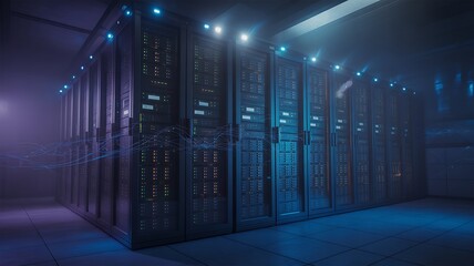 Modern Data Technology Center Server Racks in Dark Room with VFX. Visualization Concept of Internet of Things, Data Flow, Digitalization of Internet Traffic. Complex Electric Equipment Warehouse.