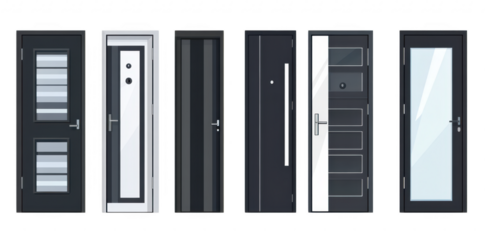 A collection of modern door designs various styles. colors. and features. set against a clean white background. highlighting contemporary architecture and interior design aesthetics
