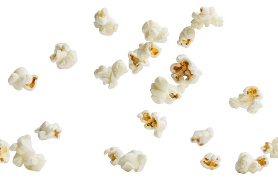A dynamic scene capturing popcorn kernels in mid-air. their light and fluffy texture against a clean white background. perfect for food-related content or snack promotions