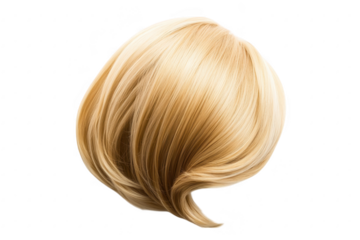 A realistic. blonde synthetic wig styled in soft waves. showcased against a clean white background. ideal for fashion photography. beauty tutorials. or costume design