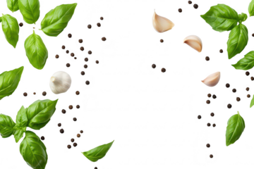 A arrangement of fresh basil leaves. garlic cloves. and black peppercorns artistically placed on a clean white background. ideal for culinary or food-related projects