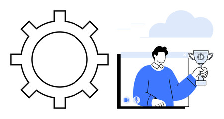 Gear icon alongside a person holding a trophy in a digital screen environment, representing innovation, teamwork, goal achievement, technology, rewards, virtual events, and leadership