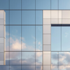 Close up of a modern building facade reflecting the sky and clouds