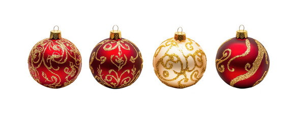 A collection of four beautifully designed Christmas ornaments in red and gold. intricate patterns. arranged symmetrically against a clean white background. ideal for holiday decor inspiration