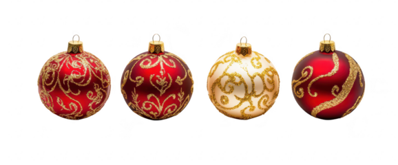 A collection of four beautifully designed Christmas ornaments in red and gold. intricate patterns. arranged symmetrically against a clean white background. ideal for holiday decor inspiration