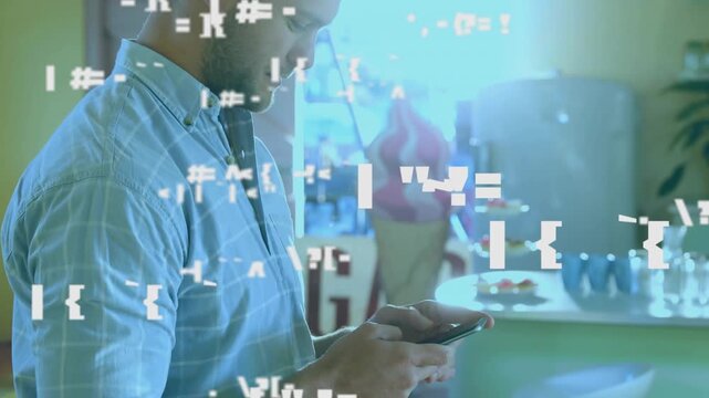 Man tapping smartphone browsing menu at dessert shop, white glyphs drifting over face and growing