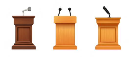A collection of three distinct podiums in varying styles and colors. positioned side by side against a clean white background. ideal for presentations or public speaking events