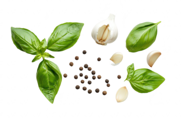 Fresh basil leaves. garlic cloves. and black peppercorns arranged artistically on a white background. ingredients for cooking and culinary presentations