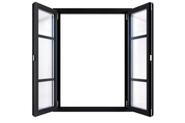 A modern black-framed window opened wide. an empty bright space beyond. symbolizing openness and potential. perfect for home design or architectural projects