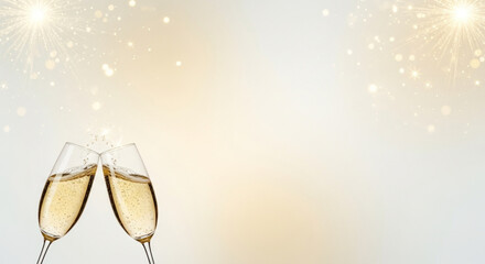 champagne glasses on a festive background. Holiday Background with Sparkling Champagne Flutes. Champagne Glasses Toast with Fireworks and Confetti