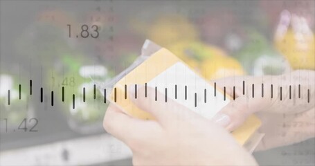 Picking up package, shopper rotating and inspecting white label, comparing with animated chart data - Powered by Adobe