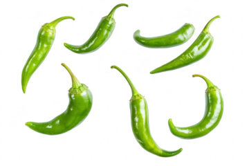A arrangement of fresh green chili peppers their glossy texture and varying shapes. ideal for culinary use and food photography