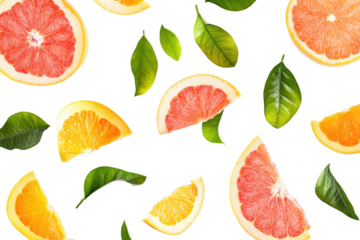 A arrangement of fresh citrus fruit slices. including oranges and grapefruits. scattered artistically on a clean white background. creating a lively and refreshing visual for culinary or health-relate