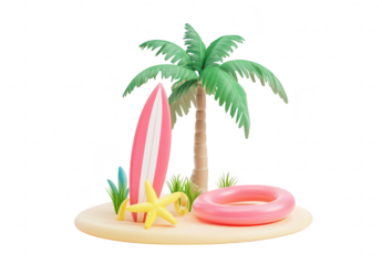 A and playful beach scene featuring a palm tree. surfboard. starfish. and inflatable ring. set on a sandy shore. evoking a fun summer atmosphere perfect for vacation-themed designs