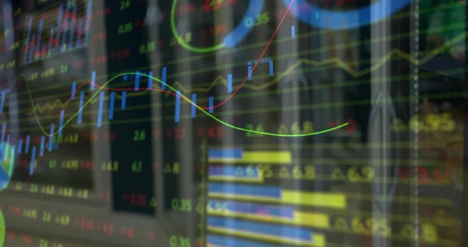 On load green and red trend lines sweeping, candlesticks flashing, visualizing market fluctuation