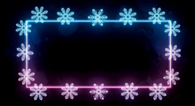 Vibrant Neon Winter Frame with Snowflakes on Dark Background