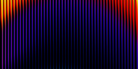 Glass ripple texture with dark gradient background and vivid orange, blue, and lilac light streaks. Futuristic distortion, moody abstract glow, reeded vertical blur. Vector illustration