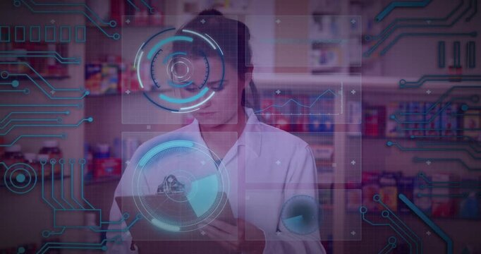 Pharmacist checking clipboard at clinic shelf, man showing bottle, AR overlay verifying product
