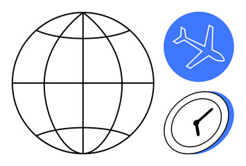 Globe, airplane icon, and clock represent worldwide travel, time zones, and global connectivity. Ideal for travel, logistics, international business, tourism scheduling time management simple flat