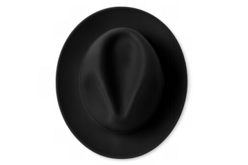 Black fedora hat, classic headwear for men or women, showing top view. Fashion accessory on transparent background
