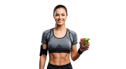 A woman smiling and showing a bowl of fresh salad, promoting a healthy lifestyle. She embodies fitness and wellness, isolated on transparent background