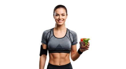 A woman smiling and showing a bowl of fresh salad, promoting a healthy lifestyle. She embodies fitness and wellness, isolated on transparent background